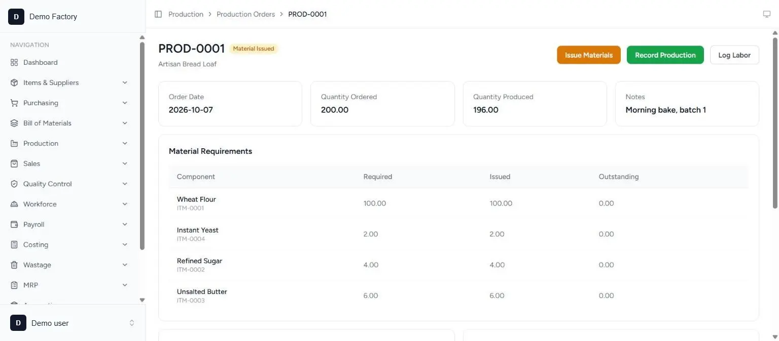Production Management order (demo data)